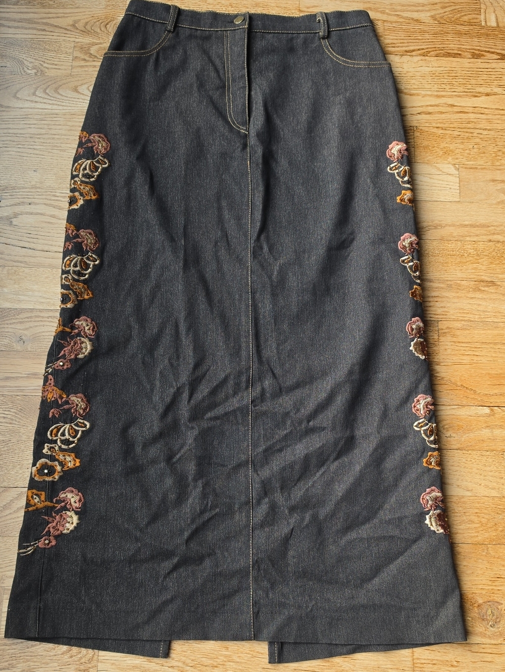 (8) Joseph Ribkoff Dark Denim Maxi Skirt with Floral Embroidery Western Classic